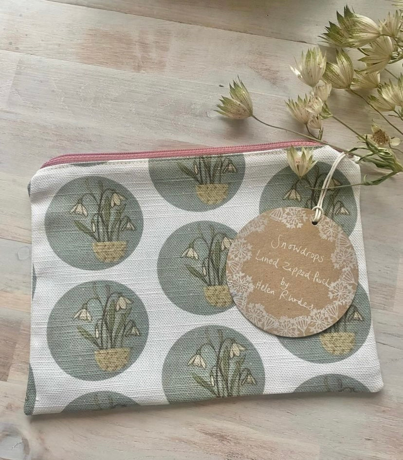 'Snowdrops' lined zip pouch